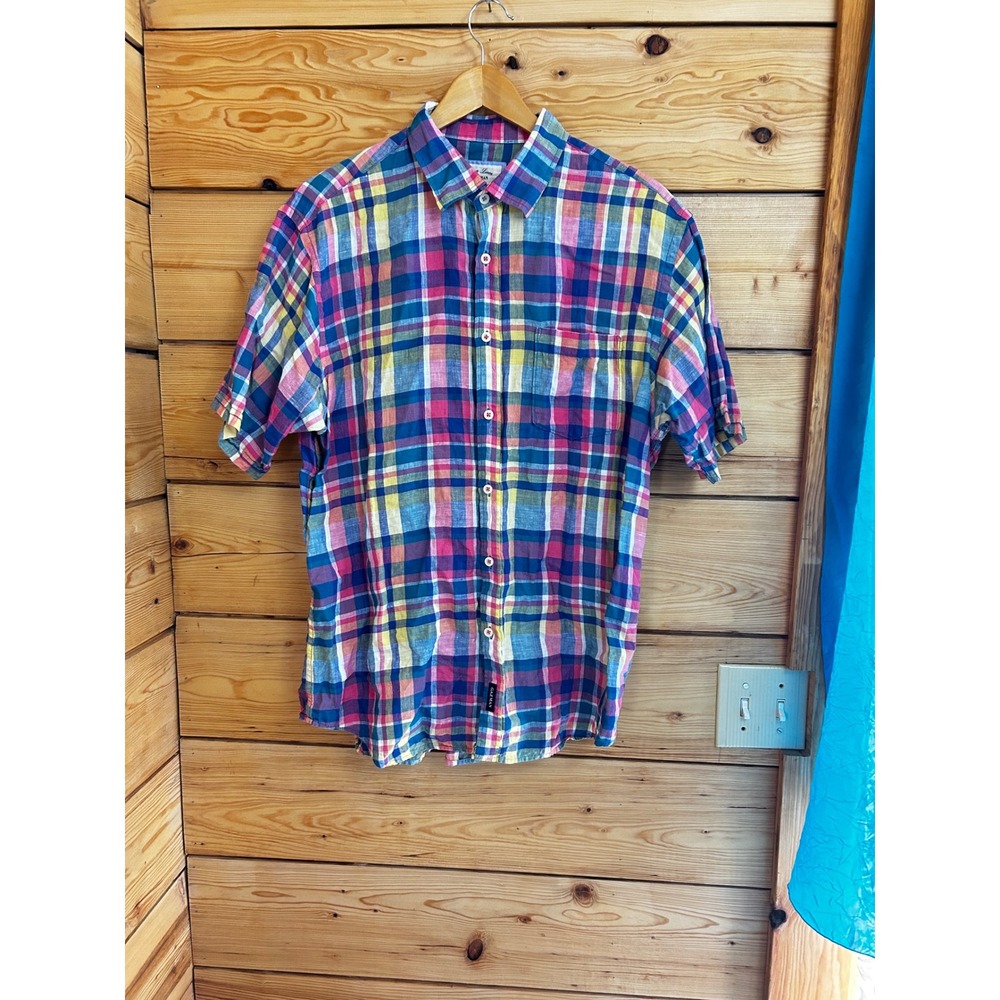 Gazman Pure Linen Mens Large Short Sleeve Plaid Button Down Shirt SSHS16094